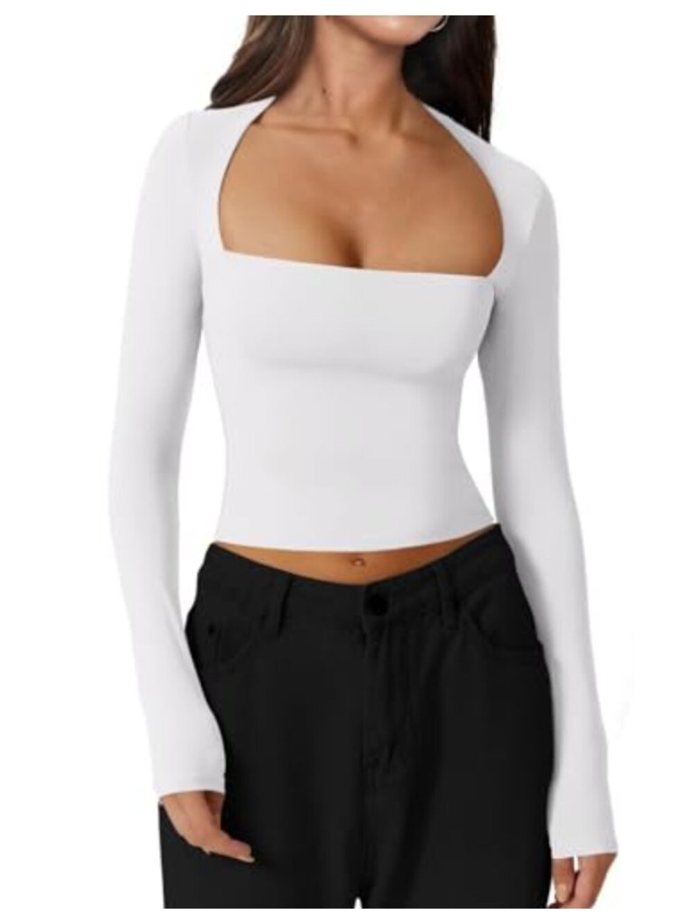 Square Neck Long Sleeve Crop Top Slim Fit Basic Tee